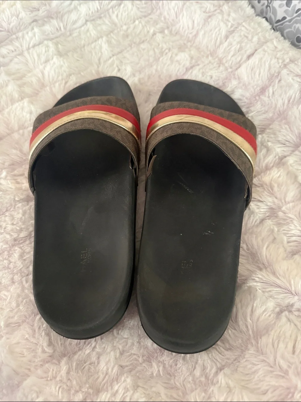 Michael Kors Brown, Gold & Red Logo Slide Sandals slides